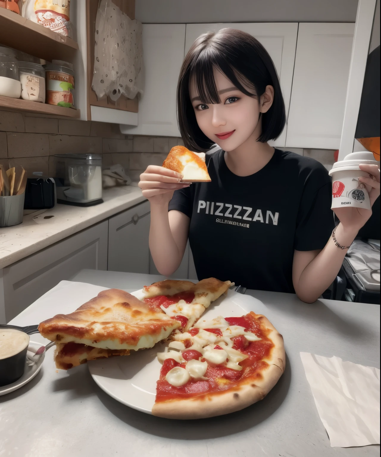 Dark Theme, masterpiece, Highest quality, Absurd, detailed, ultra-detailed,One girl, alone, View your viewers, short hair, blue eyes, shirt, hair ornaments, Holding, Mouth closed, Gray Hair, food, Hair Clip, indoor, Blurred, cup, table, Holding food, blue shirt, x hair ornaments, Photo Background, pizza, Holding pizza, Sensual smile、
