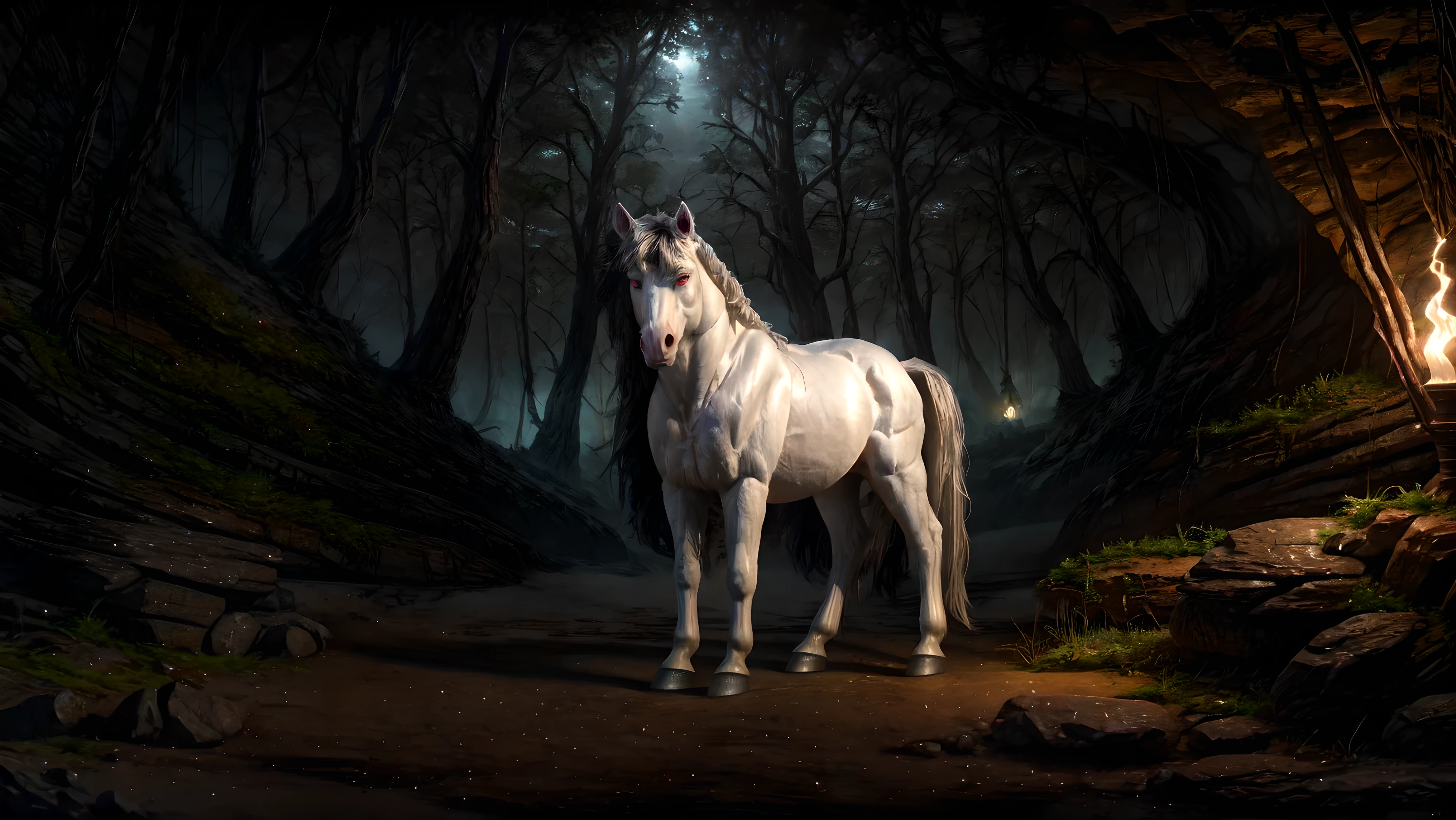 By chelodoy, White fur, white horse, Feral horse, pussy, anus, pussy juice, red eyes, glowing eyes, forest, night, foggy, looking at the viewer, smirk, cave on the background, torches in the cave