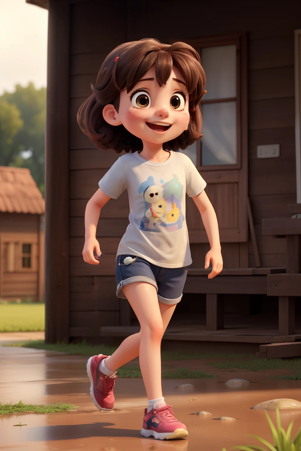 ((best quality)), ((masterpiece)), (detailed), a cute litle girl runing in the rains wearing casual t-shirts, she looks so happy, in the out doors of her house