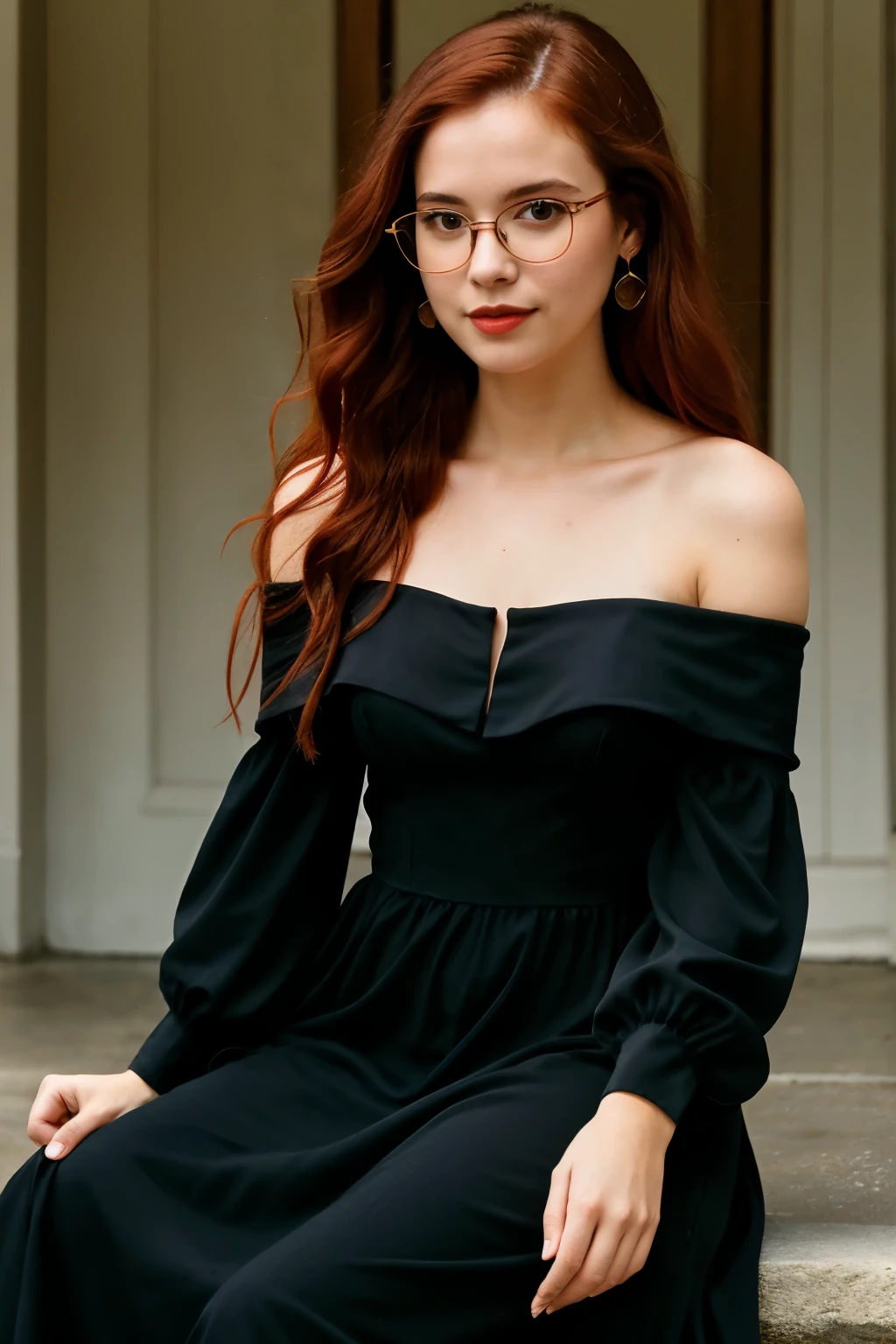 ((best quality)), ((masterpiece)), (detailed), 1girl, off-shoulder long black dress, long red hair, glasses, barefoot