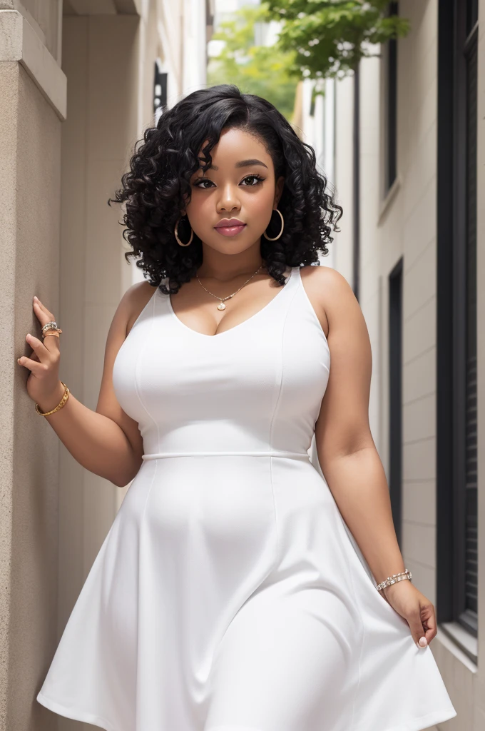  fat and white,with fitted dress, ring, black and curly hair 