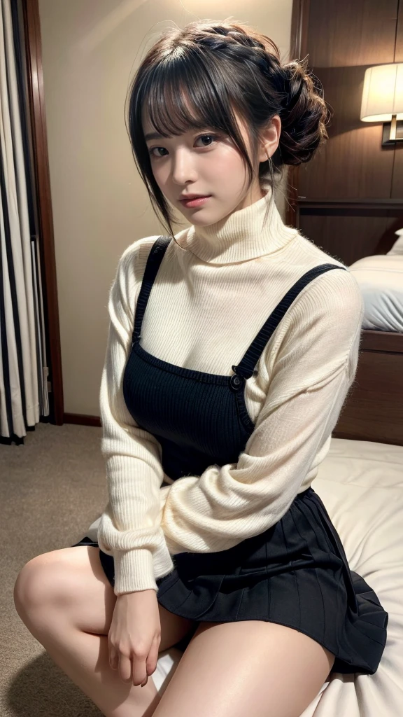 masterpiece, best quality, illustration, Super detailed, fine details, High resolution, 8K,wall paper, perfect dynamic composition,(Details High quality, realistic depiction of eyes:1.3), (updo), white turtleneck sweater, pleated skirt, short bob hair、black hair color, Big Natural Color Lip, bold sexy pose, crying a little、Harajuku style、acrobatic pose, 20 year old girl、cute type、ta、beautiful legs, hotel room, gravure idol, Voluptuous thighs