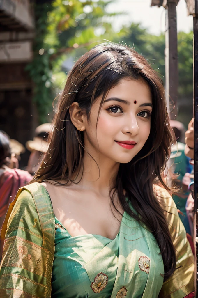 masterpiece, centered, 1 young Indian woman with a cute and radiant face, featuring exquisitely detailed eyes, expressing a mix of shyness and joy, dressed in vibrant traditional Indian attire. She has a slim figure and medium-sized breasts. Generate an 8k image, risbeauty indian,
