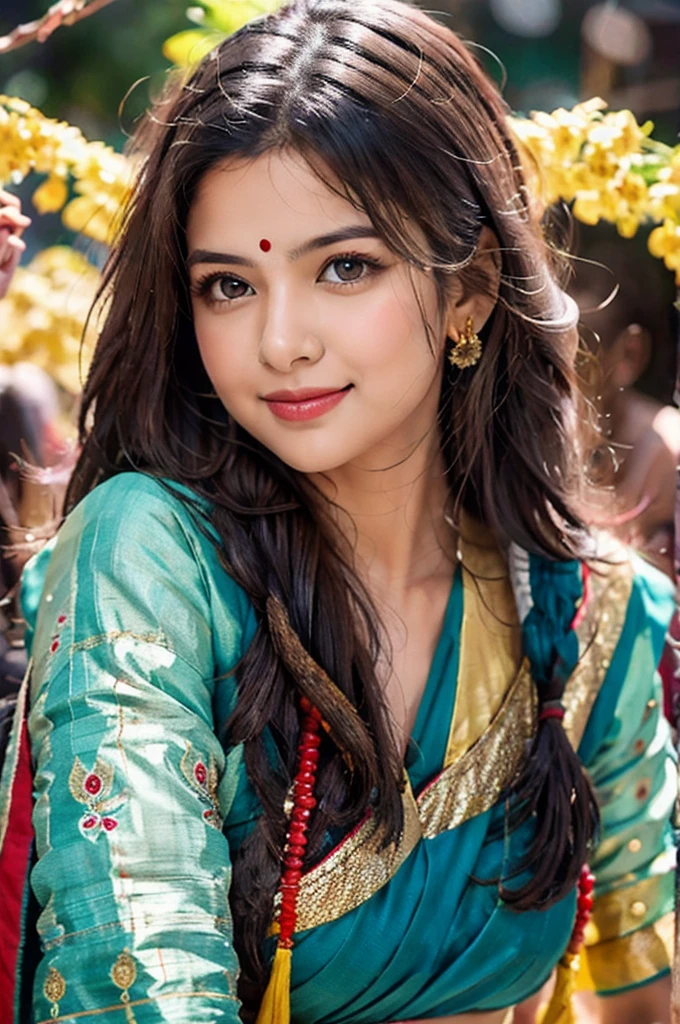 masterpiece, centered, ****ung Indian woman with a cute and radiant face, featuring exquisitely detailed eyes, expressing a mix of shyness and joy, dressed in vibrant traditional Indian attire. She has a slim figure and medium-sized breasts. Generate an 8k image, risbeauty indian,
