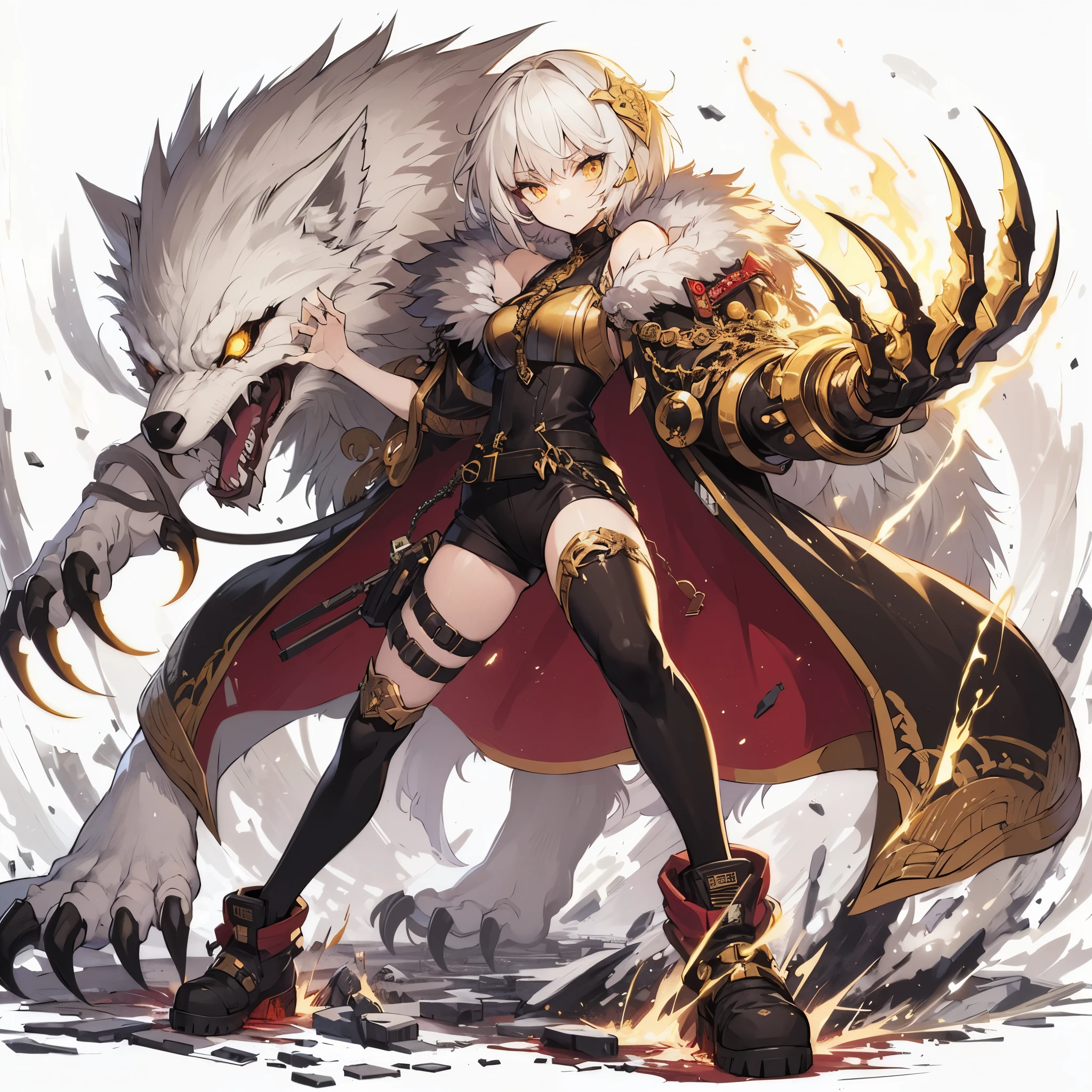 (Masterpiece, top quality), (fine hair), super detailed, anime style, solo, full body, cyberpunk gang girl, massive, white with yellow mixed with very short hair, gold eyes, right hand modified into a fearsome claw called the Claws of Horus. Left hand is a bare fist, fanged mask, black formal suits with gold trim, judo black belt, wolf fur shoulder guard and wolf fur cape, long boots, supernatural lightning, white background, full body standing, standing on desolate earth.