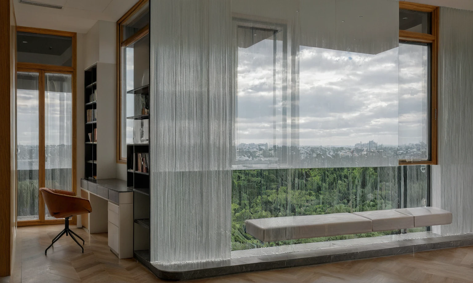 Raw photo,Masterpiece, high quality, best quality, authentic, super detail,
exterior, outdoors, room style modern, glass windows, trees, sky, cloud, (daylight:1.1), gray wall,