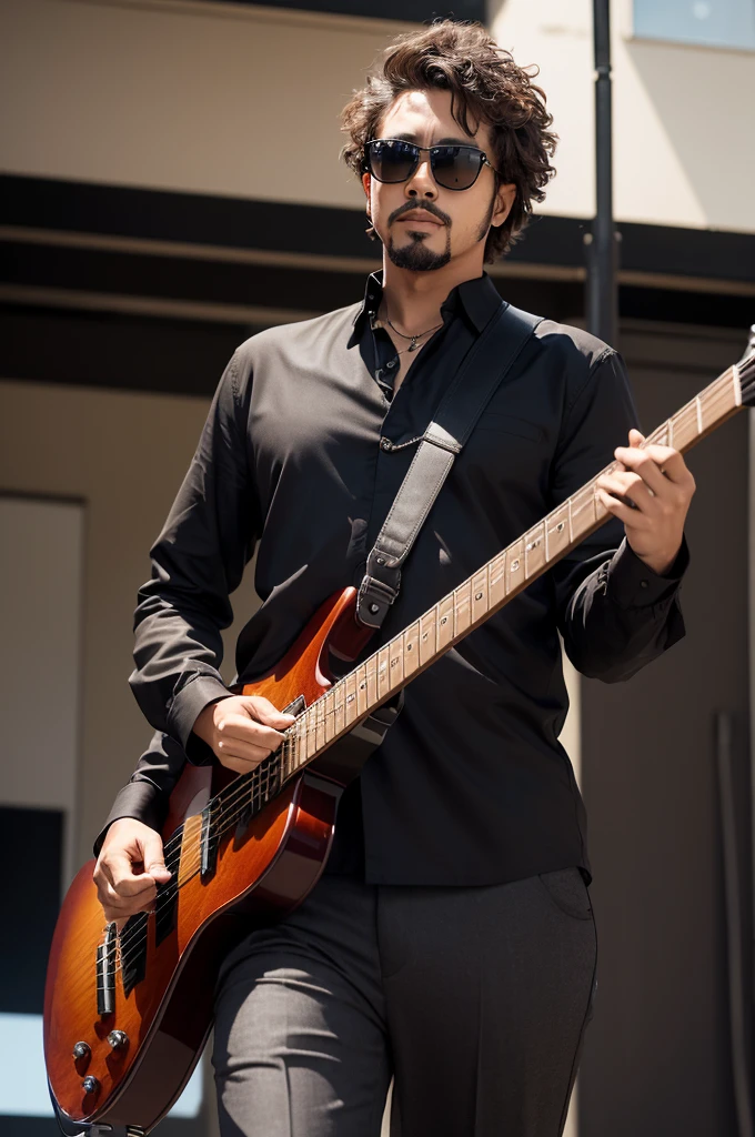 mulatto man, stark, dark brown hair with a military cut, wearing black pants and blouse playing a black bass, with sunglasses and goatee