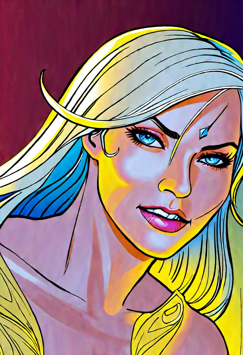 Blonde woman with blue eyes, portrait of Emma Frost, close up of character art, digitally colored, Emma Frost, coloured line art, color screen, clear lineart and color, Approximate view, approximate photo, black canary, the goddess Artemis smiling, coloured lineart, close-up of the character&#39;s portrait, Cory Chase como Atlante, colourful drawing