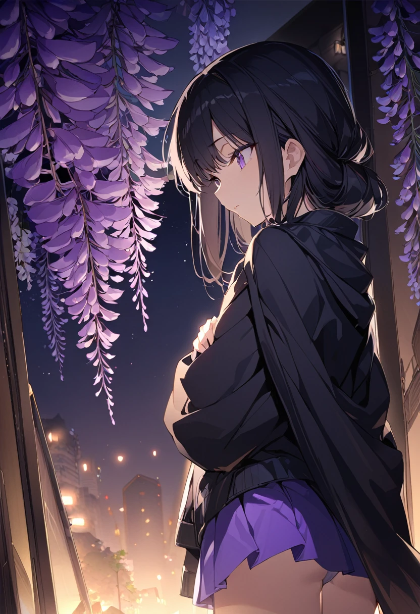 One woman, masterpiece, best quality, fair skin, beautiful girl, purple extensions, black hair, black cape coat, purple skirt, night sky, wisteria flowers only, anime, little exposure