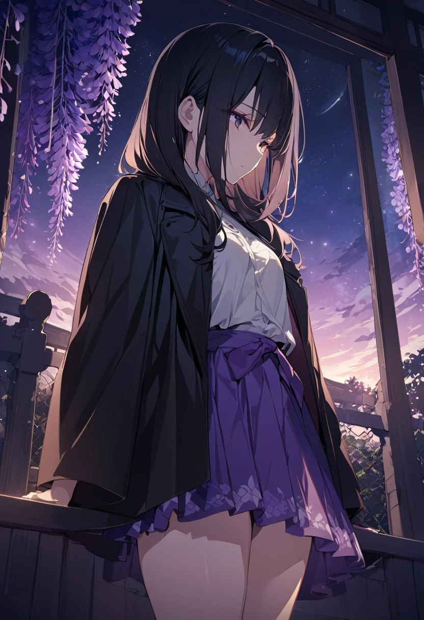 One woman, masterpiece, best quality, fair skin, beautiful girl, purple extensions, black hair, black cape coat, purple skirt, night sky, wisteria flowers only, anime, little exposure