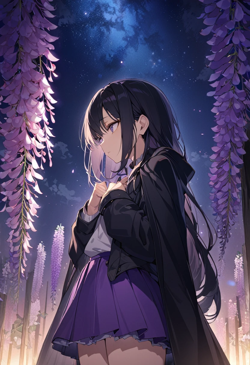 One woman, masterpiece, best quality, fair skin, beautiful girl, purple extensions, black hair, black cape coat, purple skirt, night sky, wisteria flowers only, anime, little exposure