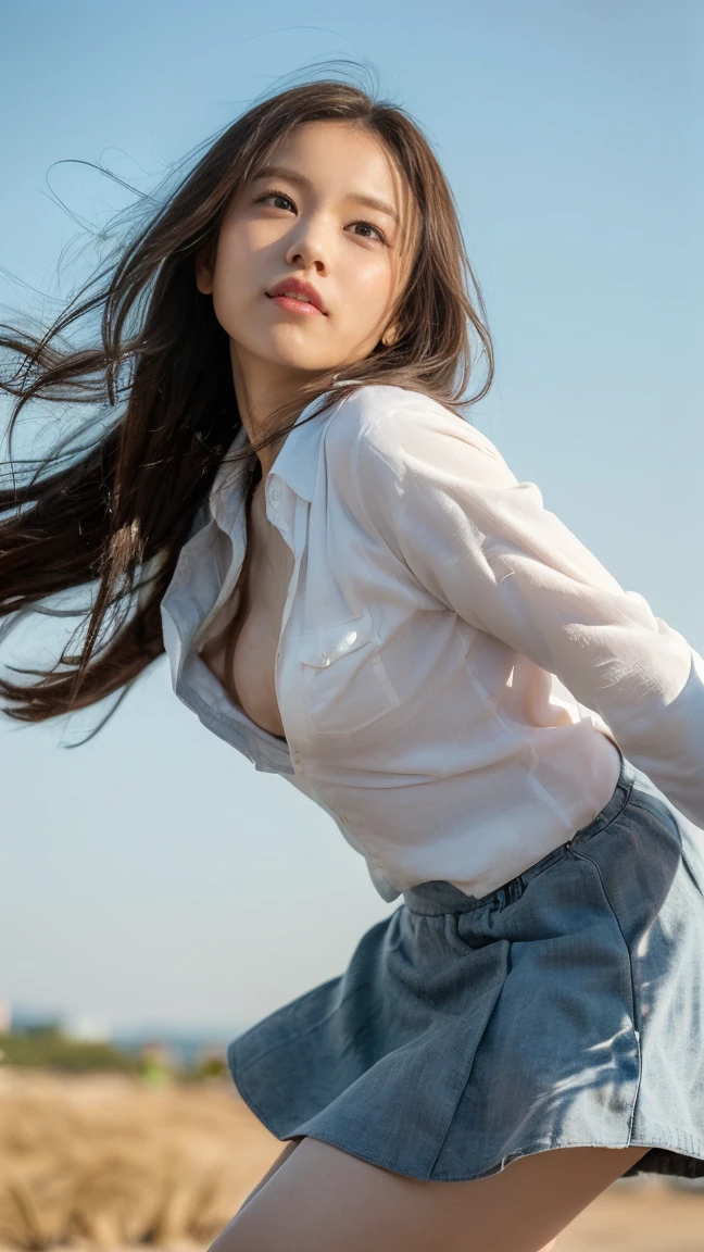 (((Low angle shooting、Looking into the camera:1.22,Leaning forward、Open shirt、No underwear)))、(((8k、highest quality、masterpiece、超A high resolution)))、(Realistic:1.4)、RAW Photos、(Real skin texture:1.3)、(Film Grain:1.3)、((Are standing、Skirt flutters in strong winds、Under the skirt、Do not bend your legs、Don'don't bend your knees、Spread your thighs、Beachside、))、One Girl、Beautiful and detailed eyes and face、masterpiece、highest quality、close、thin、Japanese Uniform、dynamic、barefoot、Mr.々A pose、