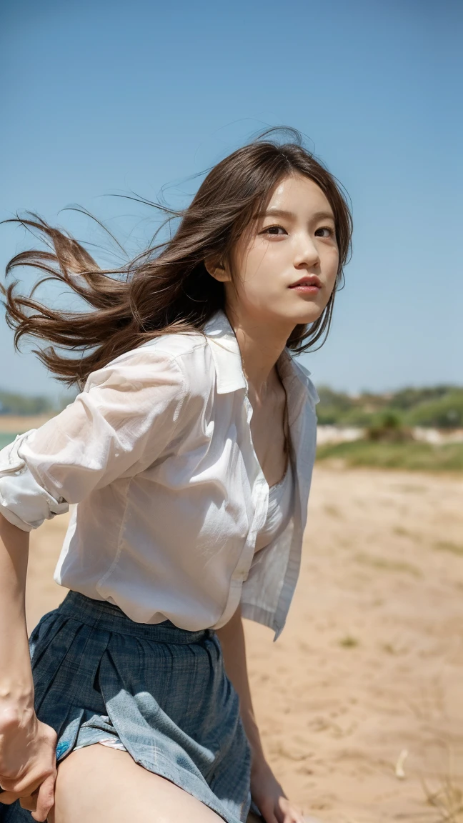 (((Low angle shooting、Looking into the camera:1.22,Leaning forward、Open shirt、No underwear)))、(((8k、highest quality、masterpiece、超A high resolution)))、(Realistic:1.4)、RAW Photos、(Real skin texture:1.3)、(Film Grain:1.3)、((Are standing、Skirt flutters in strong winds、Under the skirt、Do not bend your legs、Don'don't bend your knees、Spread your thighs、Beachside、))、One Girl、Beautiful and detailed eyes and face、masterpiece、highest quality、close、thin、Japanese Uniform、dynamic、barefoot、Mr.々A pose、