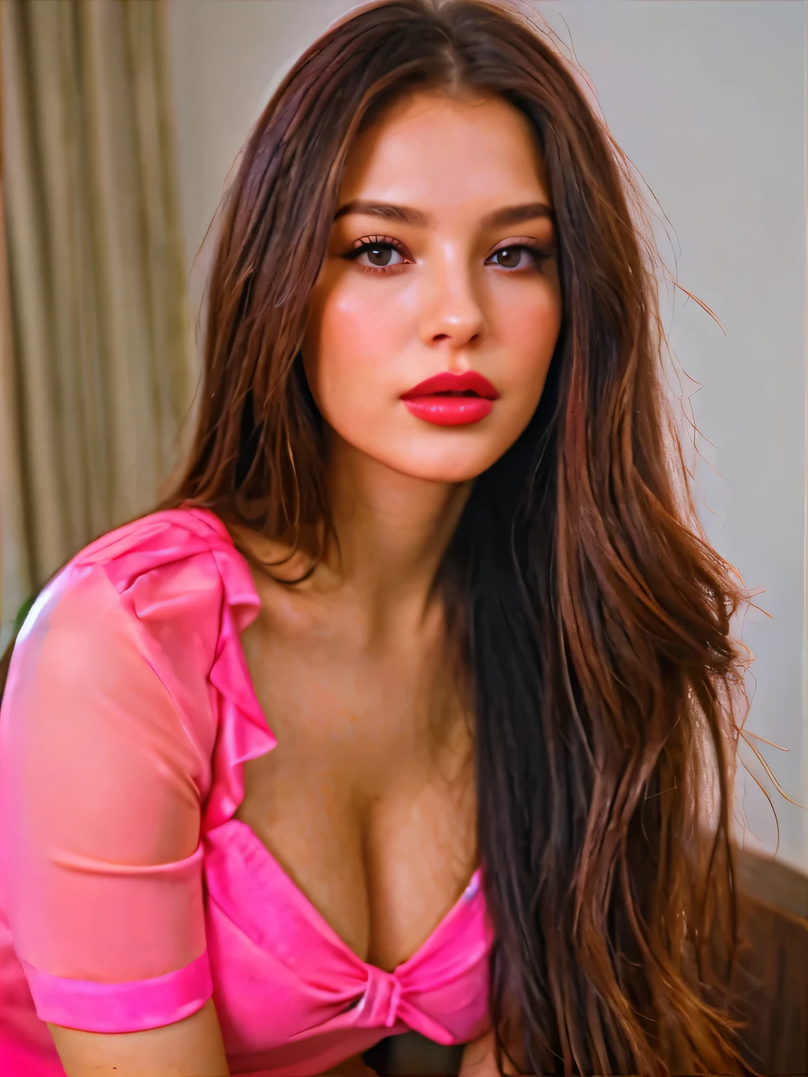 a woman with long hair and a pink short-sleeved blouse posing for a photo, thick red lips, portrait of Sophie Mudd, sexy red lips, jaw-dropping beauty, sensual lips: 5 stylish red lips, jaw-dropping beauty, photo of the beautiful woman posing for a photo, professional photo