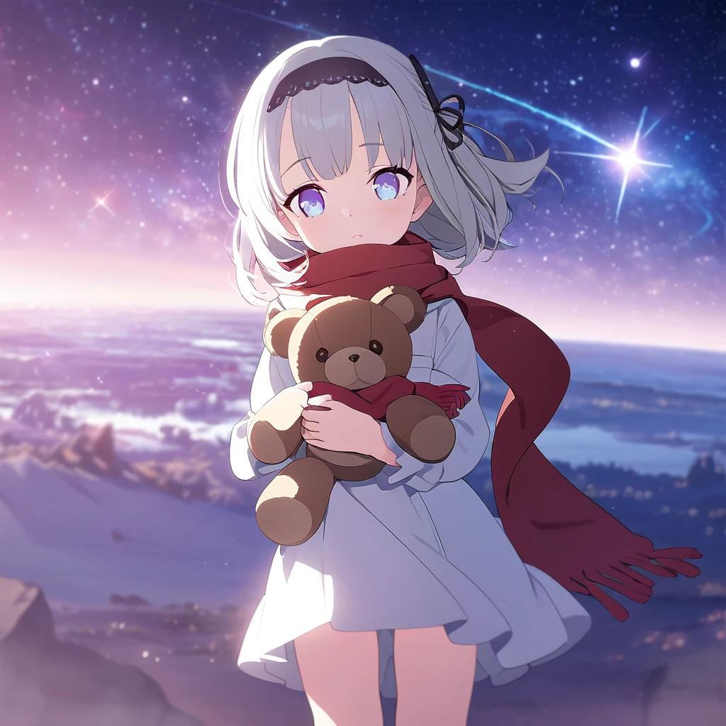 (((masterpiece))), (((best quality))),(((high detail))),light manipulation, girl with silver hair, gradient purple to sky blue eyes, wearing a white dress, a red scarf, (((loli))), (((child))) , galaxy background, holding a teddy bear, feet, no footwear