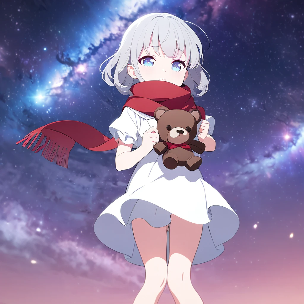 (((masterpiece))), (((best quality))),(((high detail))),light manipulation, girl with silver hair, gradient purple to sky blue eyes, wearing a white dress, a red scarf, (((loli))), (((child))) , galaxy background, holding a teddy bear, feet, no footwear