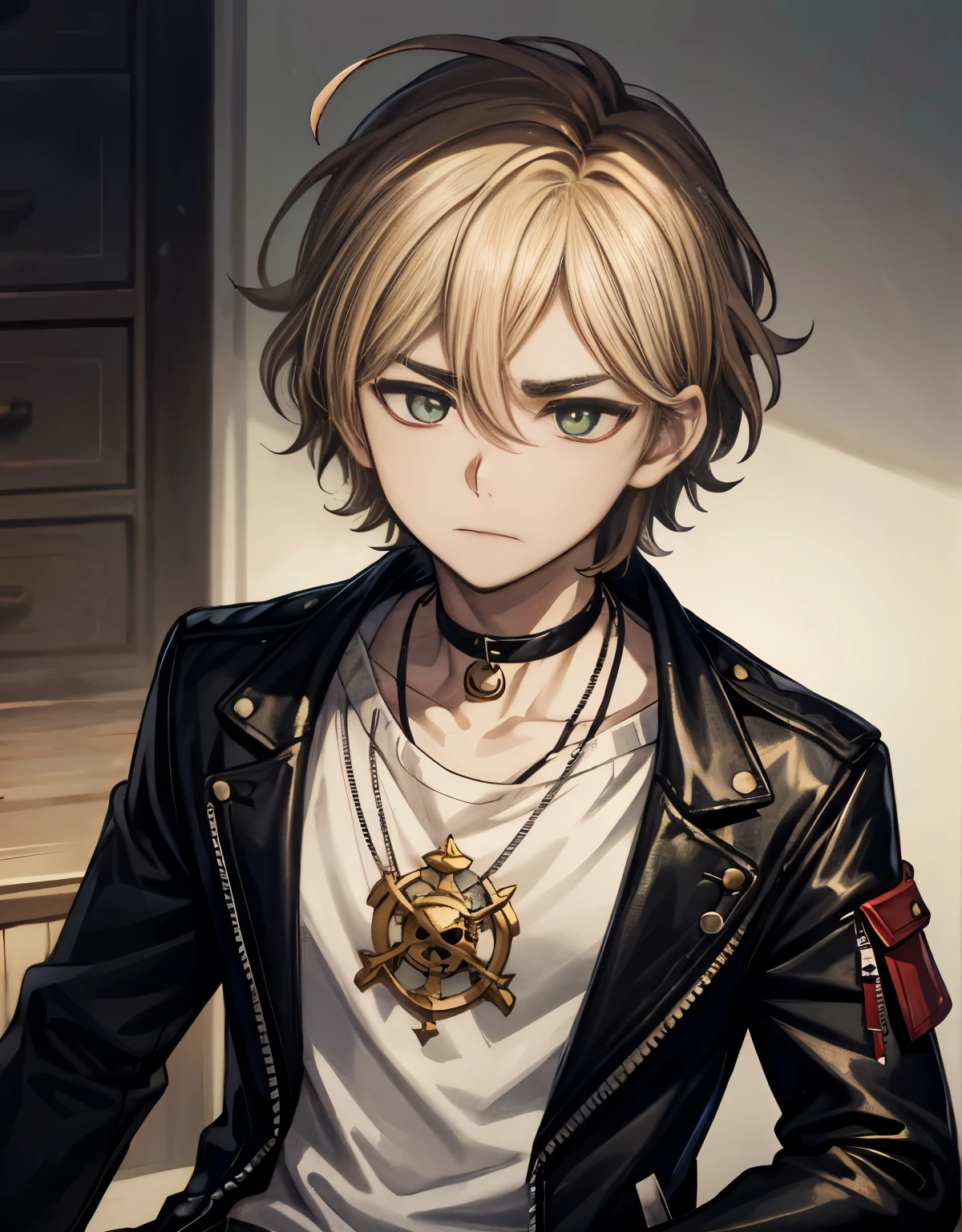 Masterpiece, Best Quality, Ultra-Detailed, 1boy, young, teenager, blonde hair, short hair, ((green eyes:1.0)), social shirt, white shirt, tied shirt, botton-up shirt, black jacket, jacket, leather jacket, pirate clothes, pirate shirt, pirate jacket, golden details, golden ornaments, Medium Close-up, Masculine ,1man, dg_Mark, encouraging facial expression