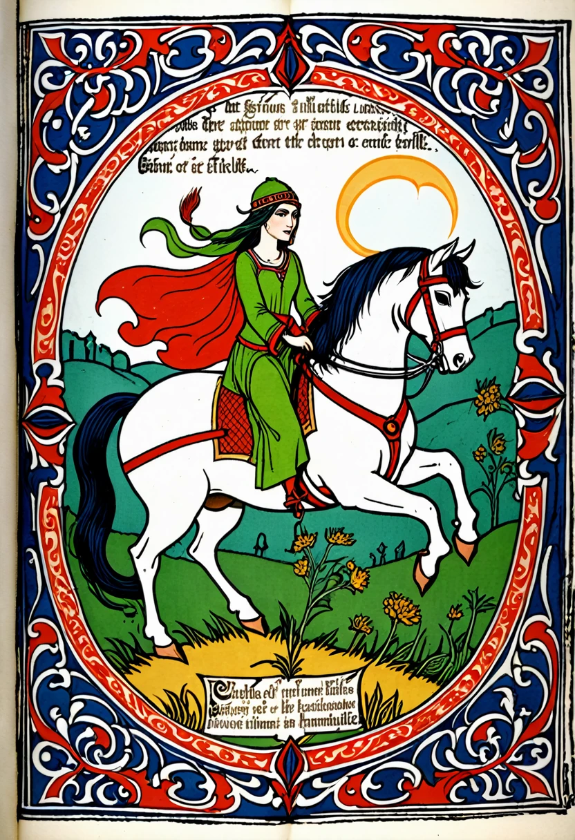 Chartreuse Gypsy, Safe From Harm, out of luck, Battle Without Honor Or Humanity, in the style of an 11th century illuminated book, The works of Libertyville Illustration. --ar 2:3