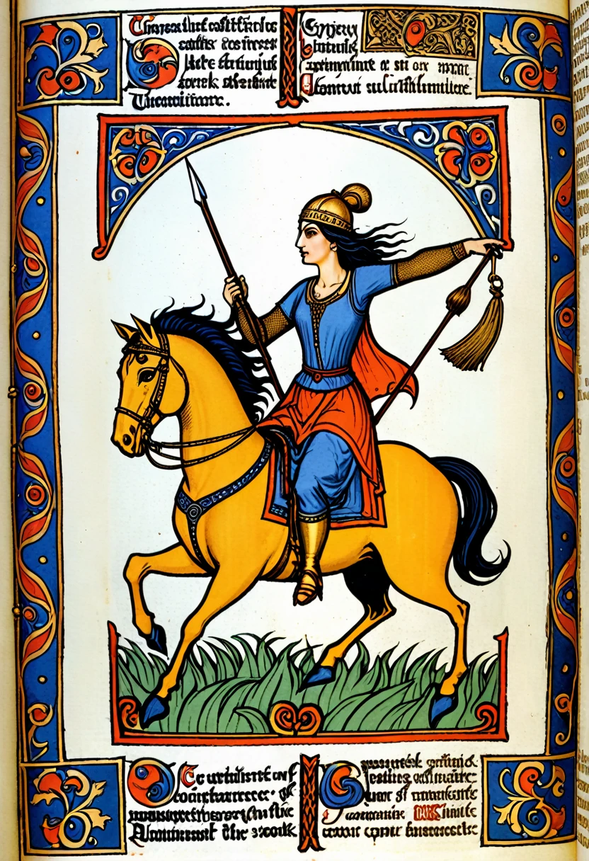 Chartreuse Gypsy, Safe From Harm, out of luck, Battle Without Honor Or Humanity, in the style of an 11th century illuminated book, The works of Libertyville Illustration. --ar 2:3