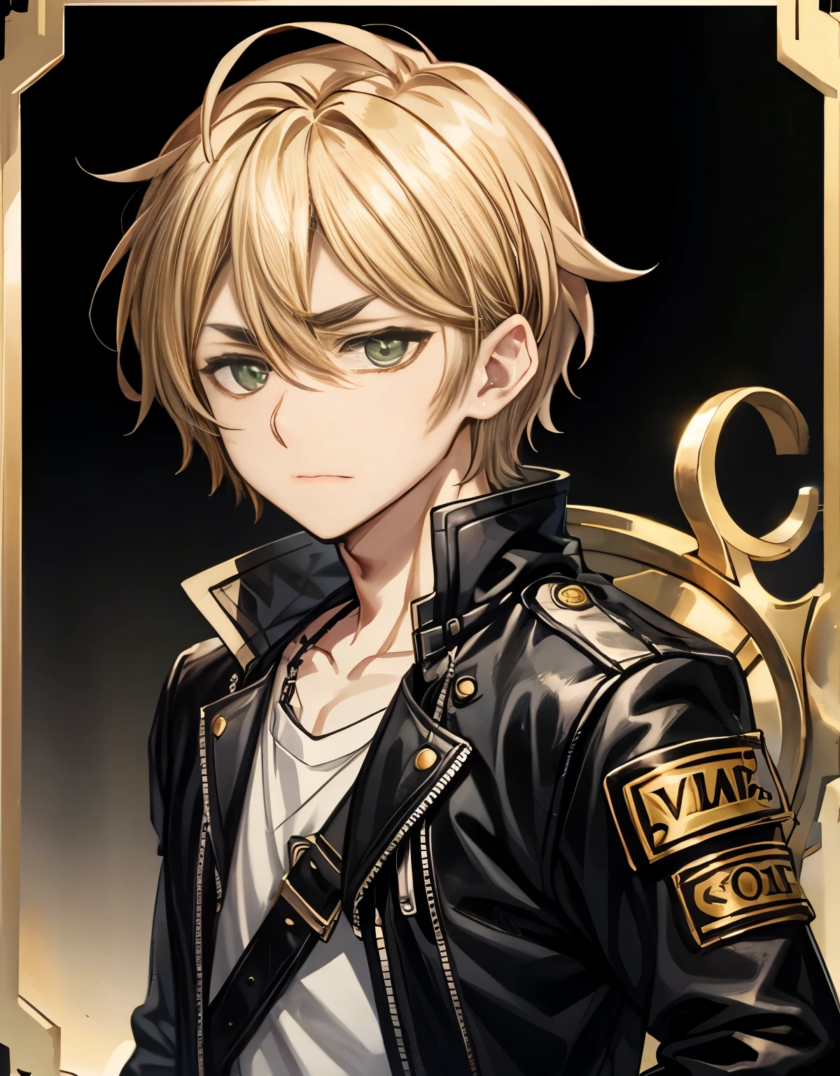 Masterpiece, Best Quality, Ultra-Detailed, 1boy, young, teenager, blonde hair, short hair, ((green eyes:1.0)), social shirt, white shirt, tied shirt, botton-up shirt, black jacket, jacket, leather jacket, pirate clothes, pirate shirt, pirate jacket, golden details, golden ornaments, Medium Close-up, Masculine ,1man, dg_Mark, encouraging facial expression