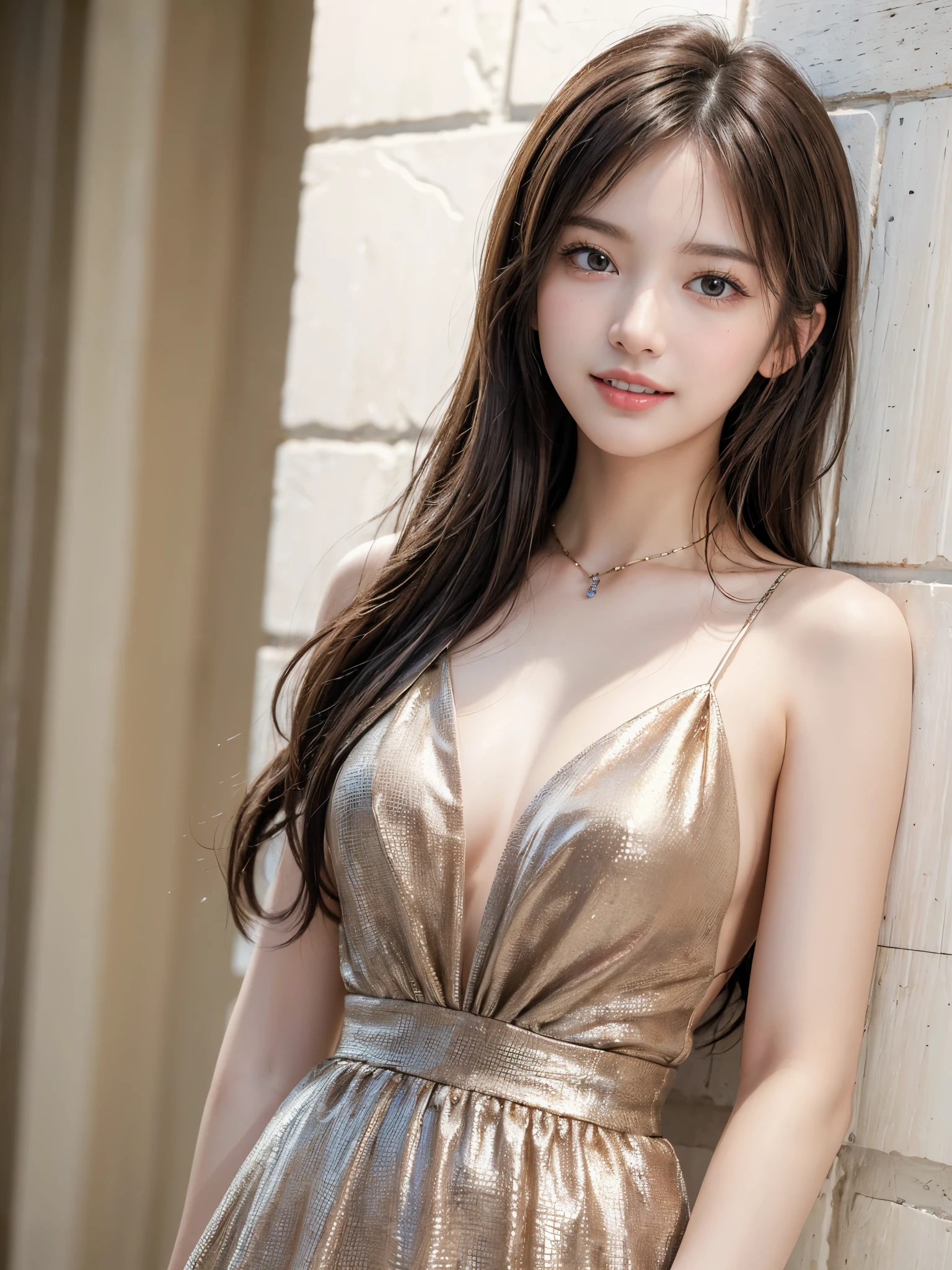 ((masterpiece: 1.3),8K, Realistic, RAW Photos, Highest quality: 1.4), (One Girl), beautiful顔, (Realistic Face), (Brown long hair: 1.3)、beautifulヘアスタイル, (bangs), (smile), smile, Realistic eyes, Gloss, highlight, highlight in the Eyes, eyelash, 目の中のbeautifulディテール, (Realistic Skin),、(((Silk dress、Long skirt)(Cropped shoulders)View of the castle、、Stand against a wall))、Shooting from the air、beautiful肌, Transparency、(beautiful)、 bust, smile, teeth, Confused, charm, 超High resolution, Ultra-realistic, High resolution, Golden Ratio, Clear eyes, Wet, Mole, Looking into the camera, ear, Shine, Long neck, double eyelid, Big eyes, cheek, kind character, charm personality, kind, Move, 圧倒的なcharm, bright personality