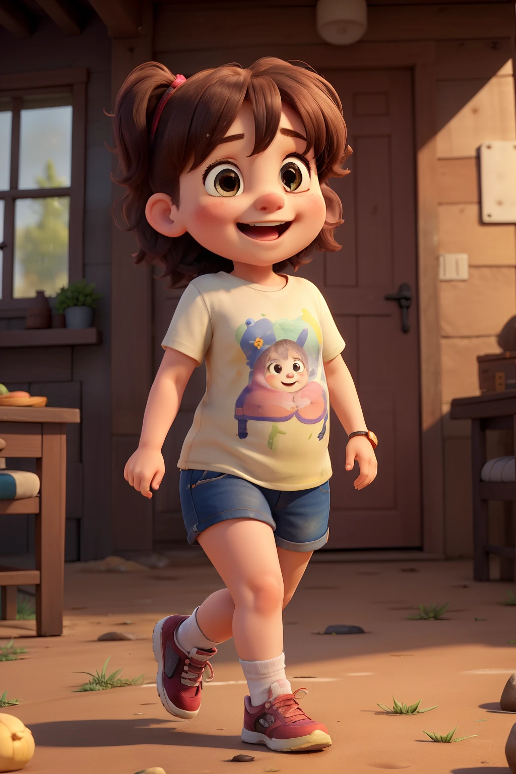 ((best quality)), ((masterpiece)), (detailed), a cute so fat litle girl runing in the rains wearing casual t-shirts, she looks so happy, in the out doors of her house