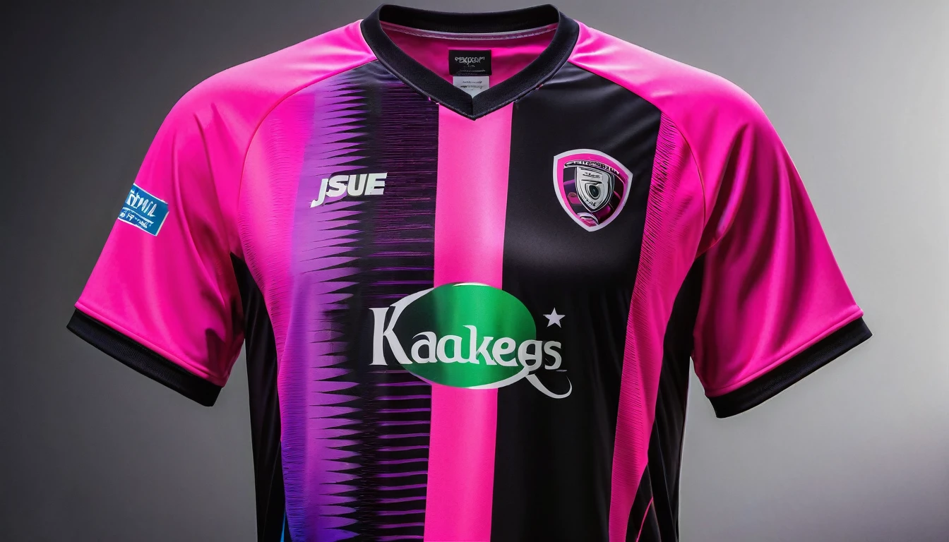 a close up of a soccer jersey with a pink and purple design, shirt design, tshirt design, t - shirt design, t-shirt design, neon pink and black color scheme, t shirt design, sports clothing, concept design, wearing a volleyball jersey full bady looking steyll, clothing concept, Image full center position contant full detali, clothing design, sport clothing, professional sports style, realistic clothing