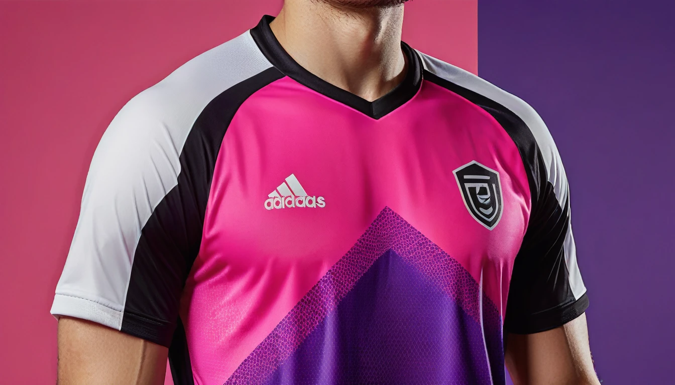 a close up of a soccer jersey with a pink and purple design, shirt design, tshirt design, t - shirt design, t-shirt design, neon pink and black color scheme, t shirt design, sports clothing, concept design, wearing a volleyball jersey full bady looking steyll, clothing concept, Image full center position contant full detali, clothing design, sport clothing, professional sports style, realistic clothing
