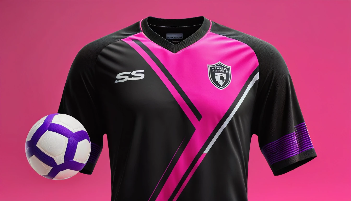 a close up of a soccer jersey with a pink and purple design, shirt design, tshirt design, t - shirt design, t-shirt design, neon pink and black color scheme, t shirt design, sports clothing, concept design, wearing a volleyball jersey full bady looking steyll, clothing concept, Image full center position contant full detali, clothing design, sport clothing, professional sports style, realistic clothing