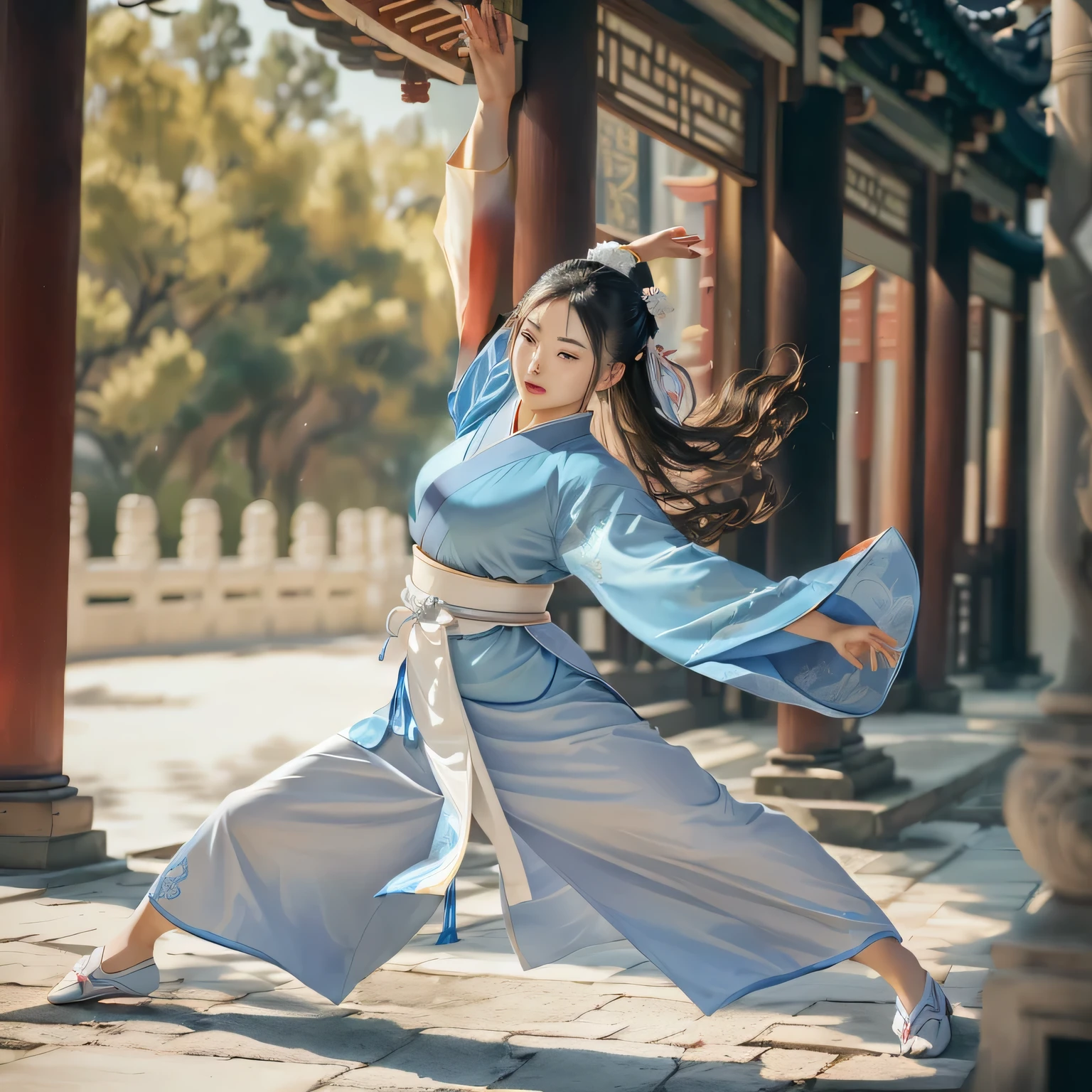 A woman in a blue kimono is doing a karate pose in front of a building, palace , Girl in Hanfu, Flowing hair and long robes, Wearing Ancient Chinese Clothing, Portrait Shot, Chinese traditional clothing, Wearing a long, flowing robe, Chinese women, Wearing a loose robe, Chinese Costume, Inspired by Li Di, Chinese Girl, Inspired by Qian Du, Wearing long, loose clothing