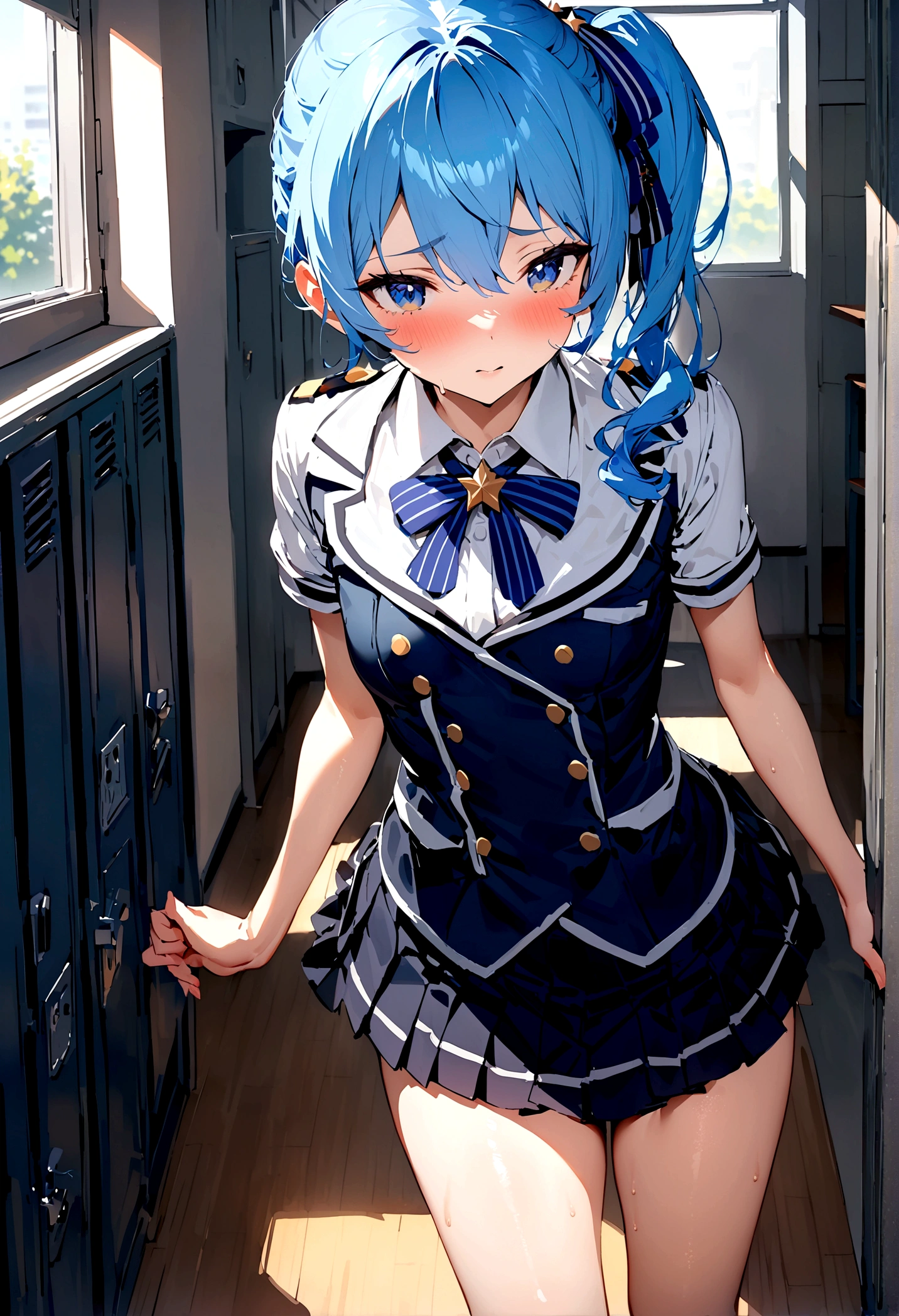 NSFW,masterpiece,Highest quality,High resolution,Super detailed,Star Town Suisei\(Hololive\),Blue Hair,One Side Ponytail,Blue Eyes,uniform,shirt,ribbon,mini skirt,Small breasts,School,locker room,Seduce,During class