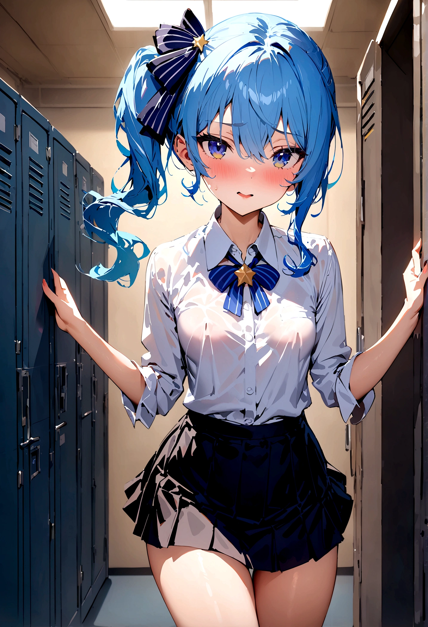 NSFW,masterpiece,Highest quality,High resolution,Super detailed,Star Town Suisei\(Hololive\),Blue Hair,One Side Ponytail,Blue Eyes,uniform,shirt,ribbon,mini skirt,Small breasts,School,locker room,Seduce,During class