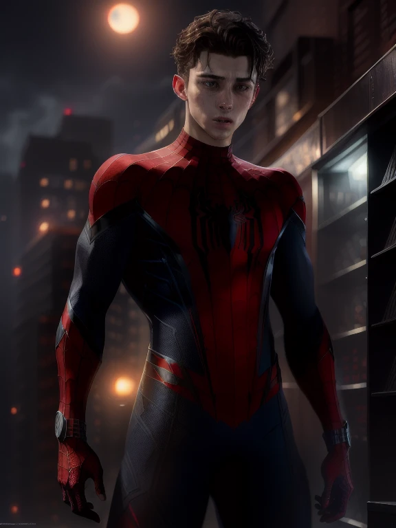 (Award Winning Digital Artwork:1.3) ,(Energetic:1.3), TomHolland,CGSociety,ArtStation,,(Masculinine:1.4),(beautiful:1.4),(attractive:1.3),handsome,calendar pose,perfectly detailed eyes, Spider web, thematic background, black costume, spider-man