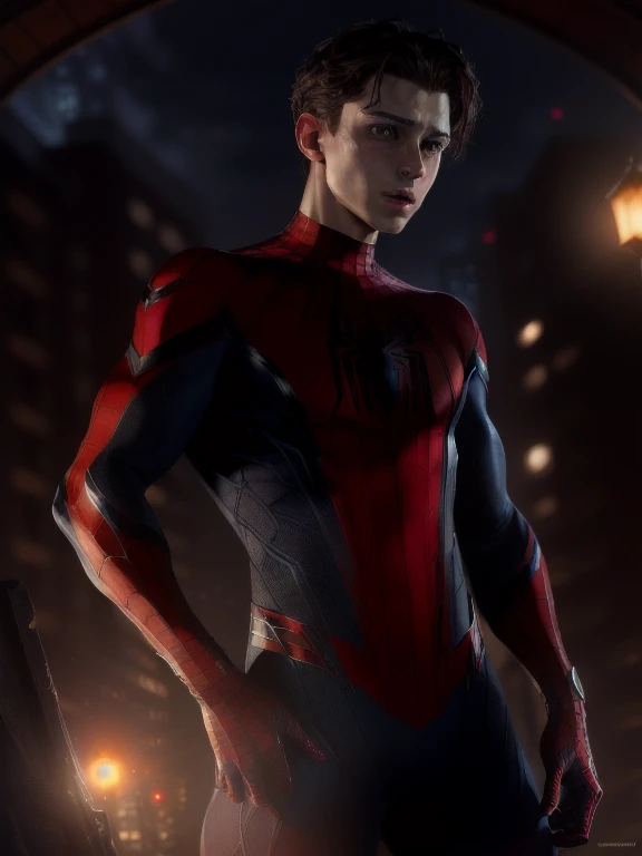 (Award Winning Digital Artwork:1.3) ,(Energetic:1.3), TomHolland,CGSociety,ArtStation,,(Masculinine:1.4),(beautiful:1.4),(attractive:1.3),handsome,calendar pose,perfectly detailed eyes, Spider web, thematic background, black costume, spider-man