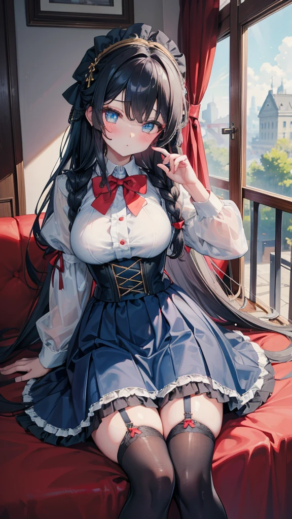 Black-haired girl，Indifferent girl，Golden pupils，Black long hair，braid，braid，脑后braid，Lolita Skirt，Blue Lolita Dress，Lolita style，Blue Skirt，Blue Skirt，Blue Skirt，Blue Skirt，蓝白Lolita Skirt，Blue Dress，Blue Dress，Red bow tie，Red bow tie，Red bow tie，Red bow tie，Red bow tie，单条braid，单条braid，短braid，Repressive style，Garter，Garter，Garter，Large Breasts，Great Sword，手持Great Sword，手持Great Sword，Great Sword