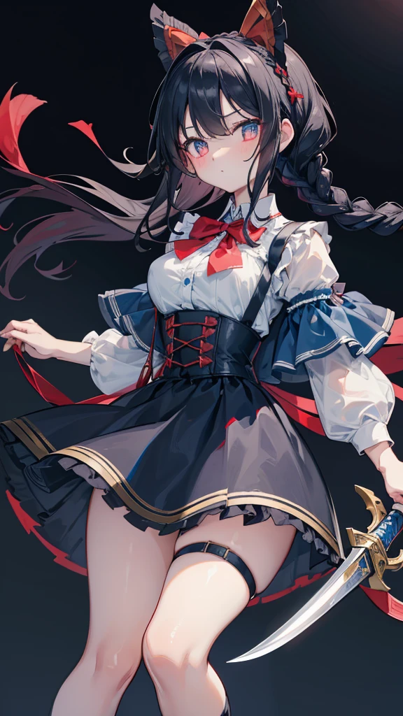 Black-haired girl，Indifferent girl，Golden pupils，Black long hair，braid，braid，脑后braid，Lolita Skirt，Blue Lolita Dress，Lolita style，Blue Skirt，Blue Skirt，Blue Skirt，Blue Skirt，蓝白Lolita Skirt，Blue Dress，Blue Dress，Red bow tie，Red bow tie，Red bow tie，Red bow tie，Red bow tie，单条braid，单条braid，短braid，Repressive style，Garter，Garter，Garter，Large Breasts，Great Sword，手持Great Sword，手持Great Sword，Great Sword