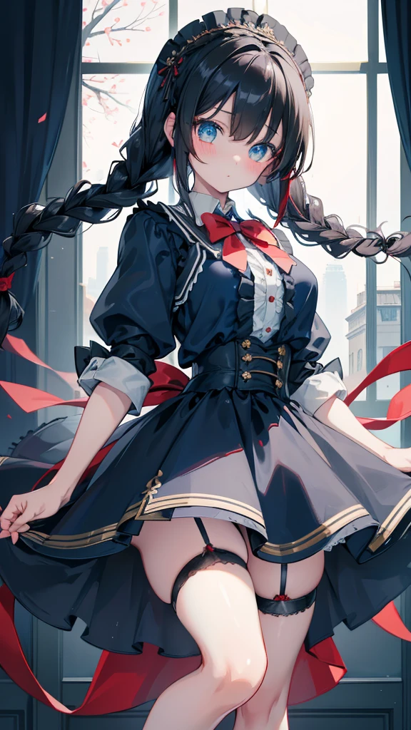Black-haired girl,Indifferent girl,Golden pupils,Black long hair,braid,braid,脑后braid,Lolita Skirt,Blue Lolita Dress,Lolita style,Blue Skirt,Blue Skirt,Blue Skirt,Blue Skirt,蓝白Lolita Skirt,Blue Dress,Blue Dress,Red bow tie,Red bow tie,Red bow tie,Red bow tie,Red bow tie,单条braid,单条braid,短braid,Repressive style,Garter,Garter,Garter,Large Breasts,Great Sword,手持Great Sword,手持Great Sword,Great Sword
