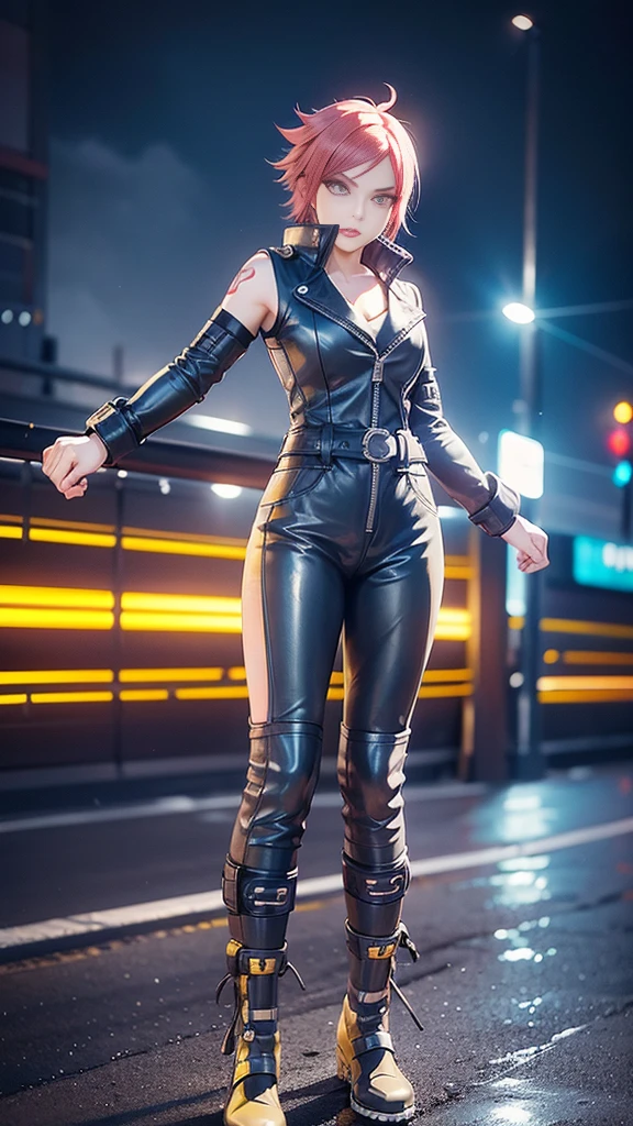 biker Rocker girl, motorcycle, Leather garment, Short hair, yellow glowing eyes, Dark colors, leather waist, ultra detailed face, long eyelashes, skinny, Cyberpunk, Neon lights, Red hair, long boots, tightsuit, Night, the city street, mitts, rain