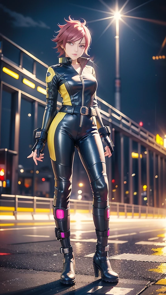biker Rocker girl, motorcycle, Leather garment, Short hair, yellow glowing eyes, Dark colors, leather waist, ultra detailed face, long eyelashes, skinny, Cyberpunk, Neon lights, Red hair, long boots, tightsuit, Night, the city street, mitts, rain