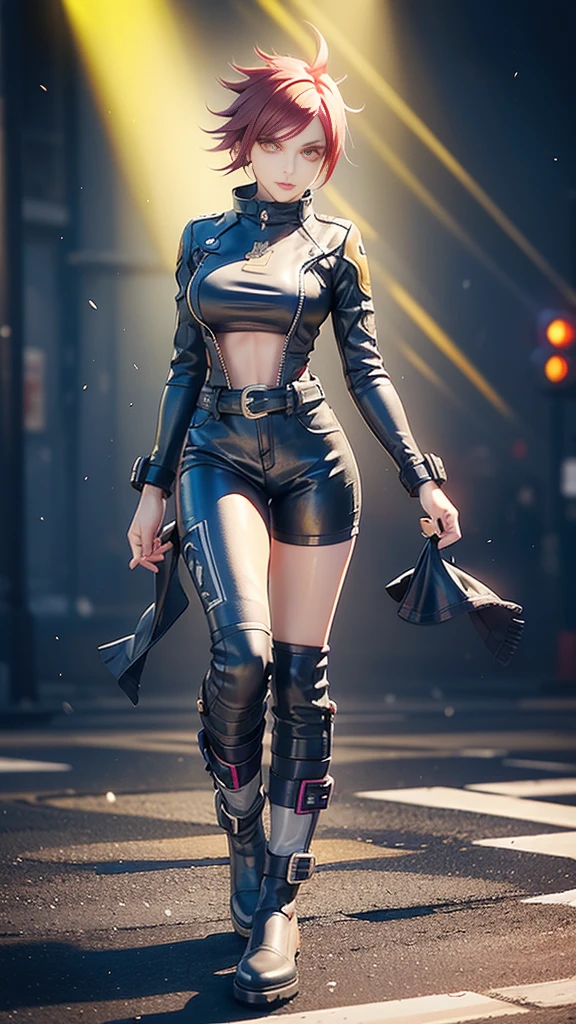 biker Rocker girl, motorcycle, Leather garment, Short hair, yellow glowing eyes, Dark colors, leather waist, ultra detailed face, long eyelashes, skinny, Cyberpunk, Neon lights, Red hair, long boots, tightsuit, Night, the city street, mitts, rain