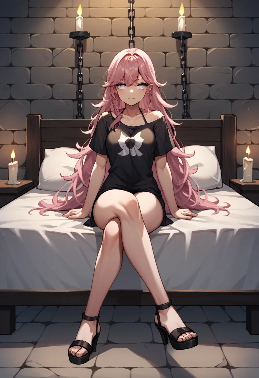 score_9, score_8_up, score_7_up, score_6_up, score_5_up, score_4_up, source_anime, 1girl,bed, pink hair,long hair,white eyes, w-w-chain, crossed legs, knee to knee, spread arms, loose hair, black shirt,bikini,black high heels,sandals, night,candles, dungeon, best quality, best res, 4K UHD,
 