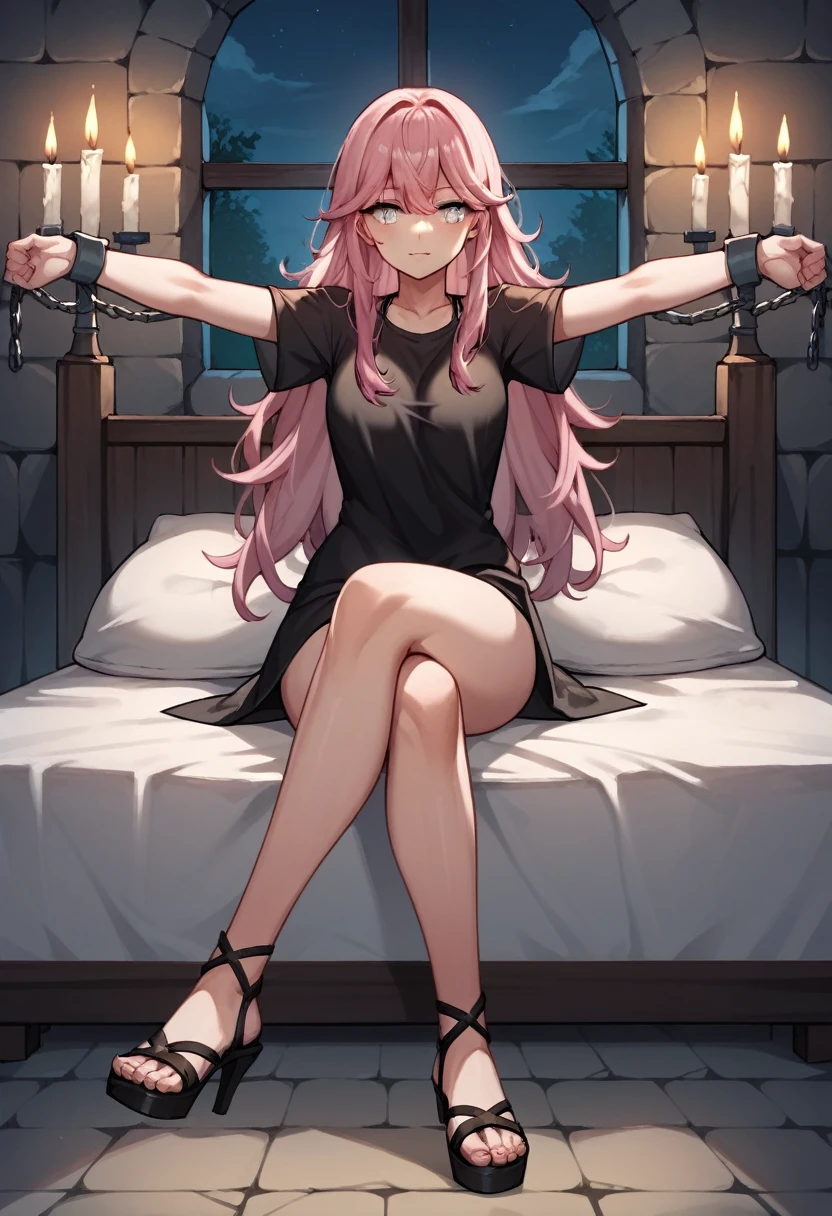 score_9, score_8_up, score_7_up, score_6_up, score_5_up, score_4_up, source_anime, 1woman, She was lying down, bed, pink hair, ponytail, white eyes, w-w-chain, shackles, folding arms, clean hair, black shirt, skirts, thigh high boots, black boots, heels, night, floor, dungeon, best quality, best res, 4K UHD,
 