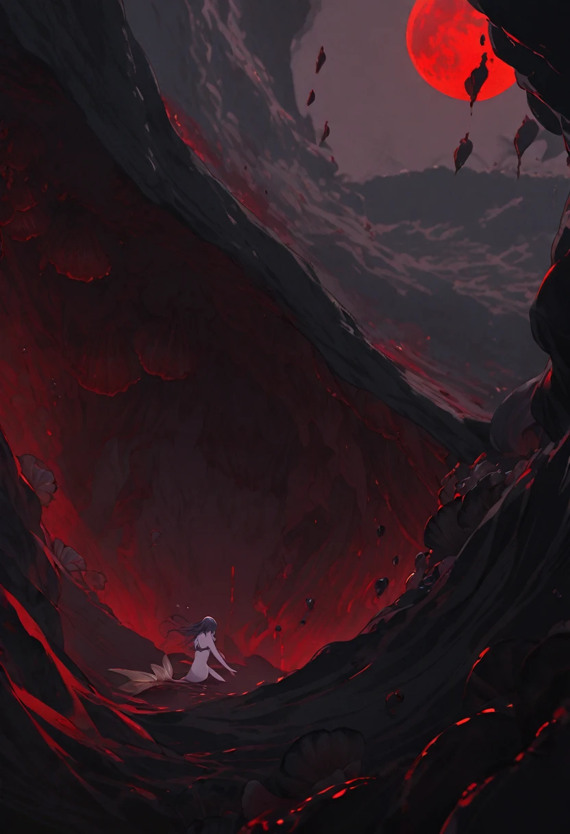 Gloomy naked mermaid, emerging from a cave at the bottom of the sea, shells with black pearls, blood moon