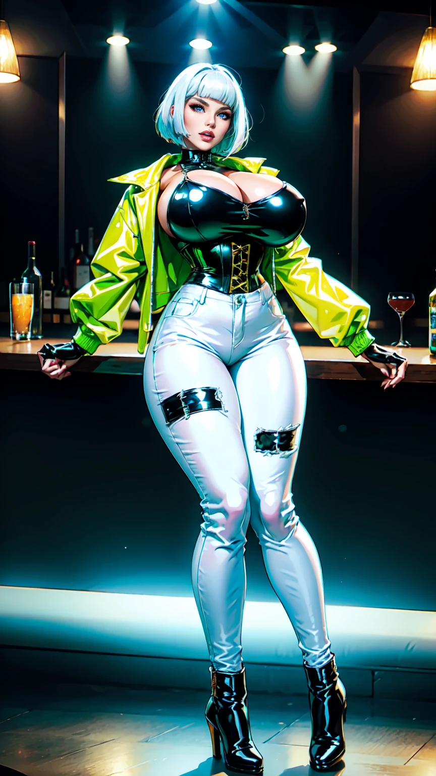 women, White bob Haircut, White blunt,blue eyes, Green crop latex jacket, Green latex Corset, big breast,Gold beld, white Jeans, black long boots, standin in the Night Club bar