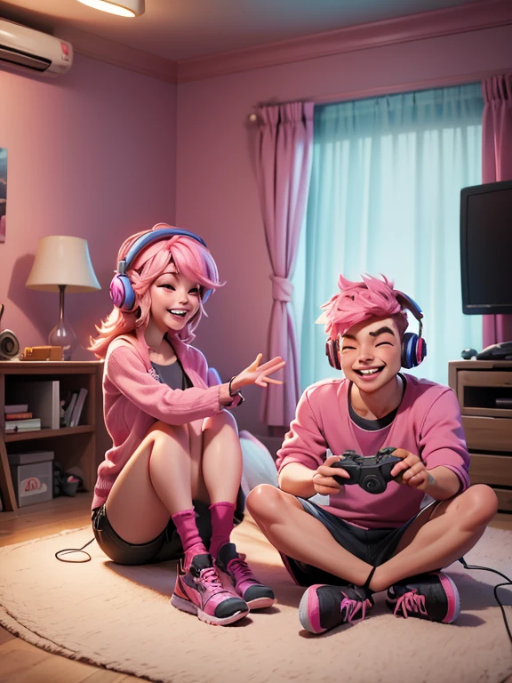 a woman with pink hair with headphones sitting on the floor with a video game controller in one hand, he is laughing, happy, smiling. He's in her room.
