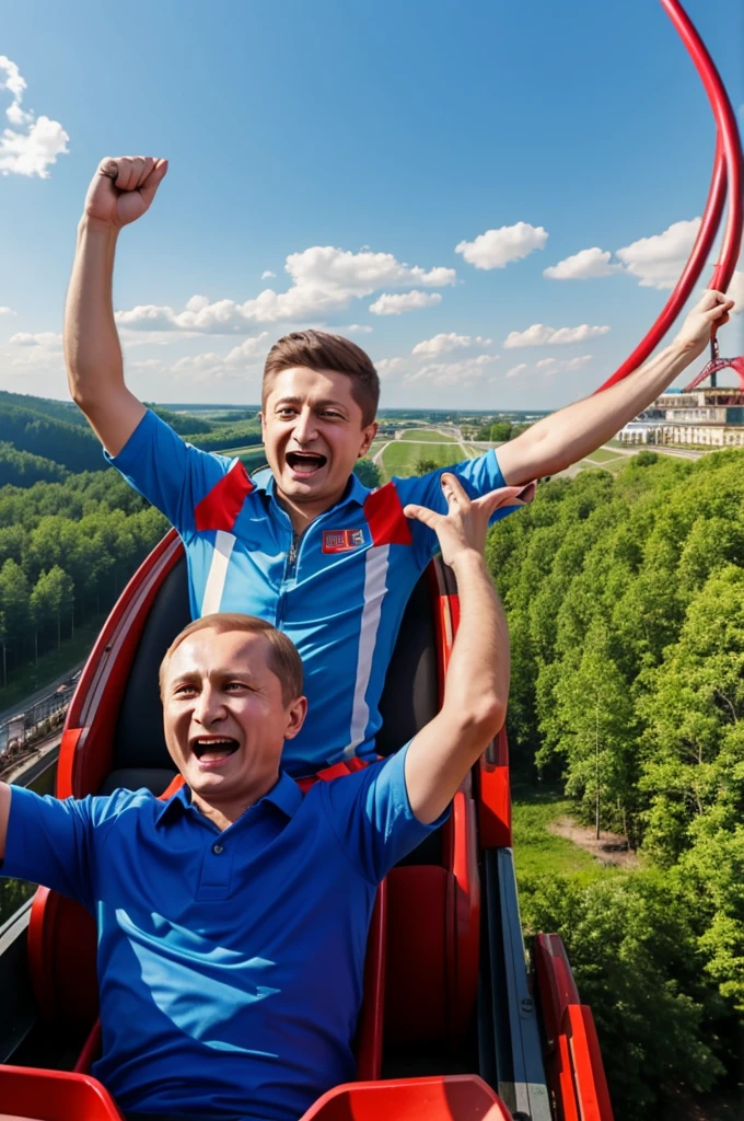 Create how Zelensky and Putin are having fun on a roller coaster
