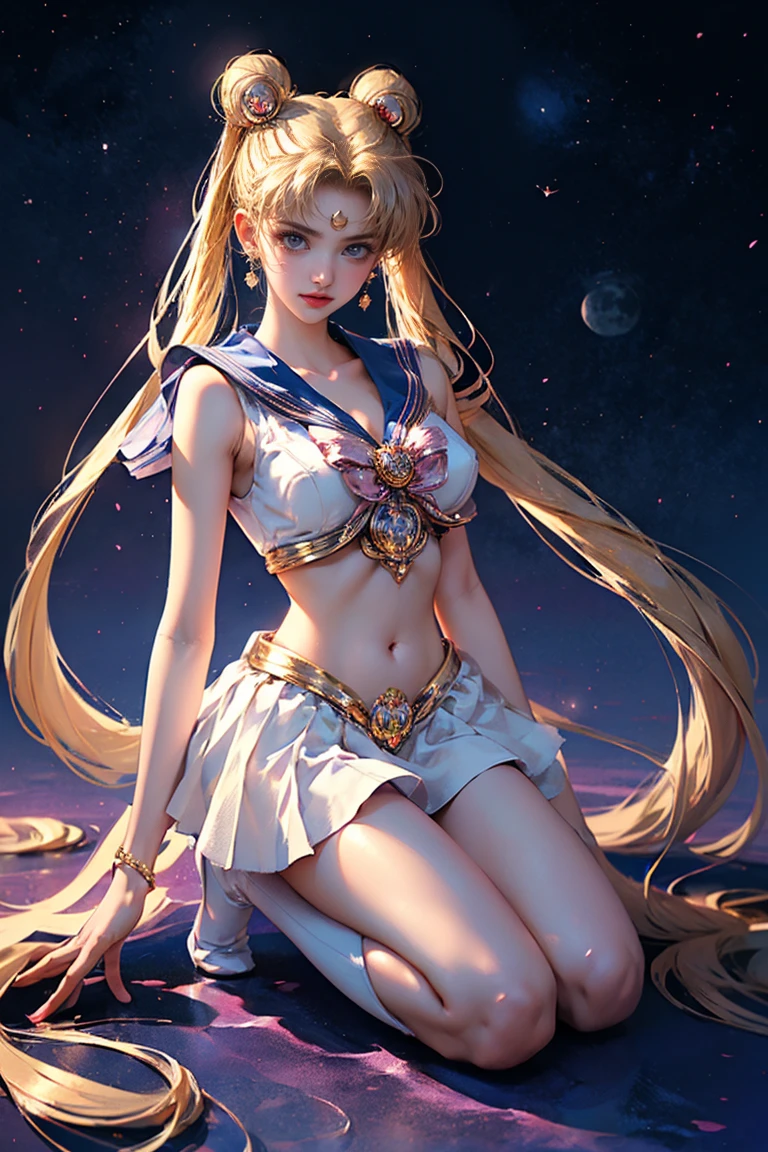 ((masterpiece, top quality, Highest image quality, A high resolution, Photorealistic, Raw photo, 8 k)), ((extremely detailed wallpaper CG unified 8k)), (Huge amazing goddess shot, Very hot and sexy, stunning beauty, perfect proportions, Beautiful body, The beauty of a slim body:1.4), Woman taking photo in sailor suit, Sailor Moon, Sailor Moon style, Sailor Moon. Beautiful, Inspired Sailor Moon, Sailor Moon, official art, Sailor Moon aesthetic, official anime cover, magical girl anime magical girl, anime princess, magical girl style, high quality work of art, Magical girl kneeling in front of a giant crescent moon, one hand on the waist, 