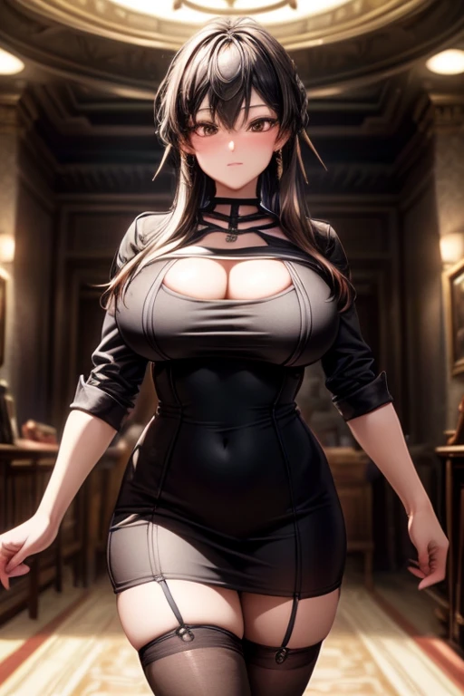 (Best Quality, highest resolution, ray tracing), (1 girl, alone, ,  Appearance, , very big breasts, black office uniform), Slim fit button down shirt with loose buttons., atar, tube skirt, (Realistic black stockings)