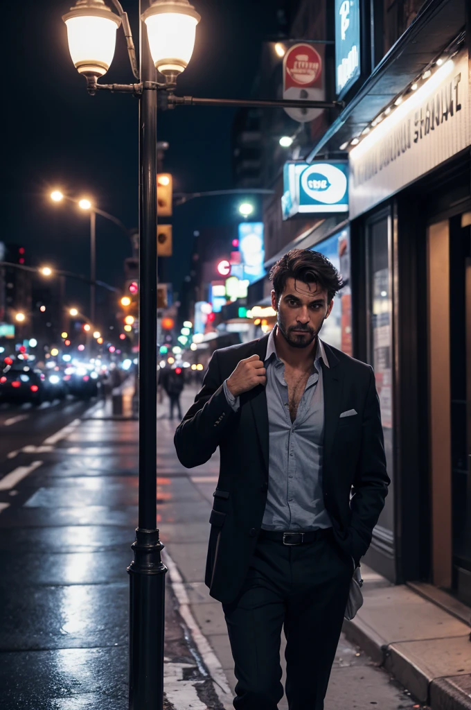 A desperate man at night on a New York avenue