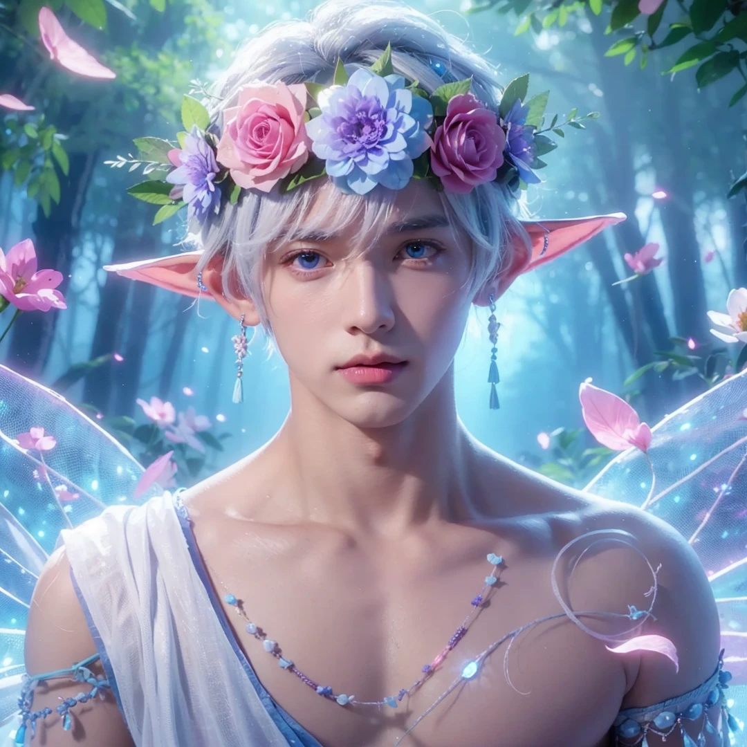 Handsome boy, white hair, white eyes, wearing light blue and pink flower crown, wearing white indian loin-cloth, elf ear, "surrounded by light blue, pink, and purple light, magic forest background